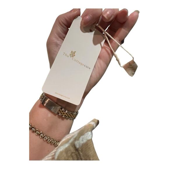 Cottagecore Coastal Neutral Feminine striped wrap puffed sleeves Maxi dress L - Picture 11 of 16